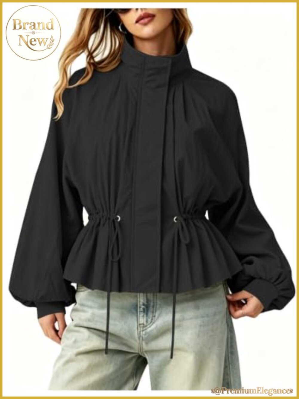 Women's Drawstring Windbreaker Jacket Pleated Windproof